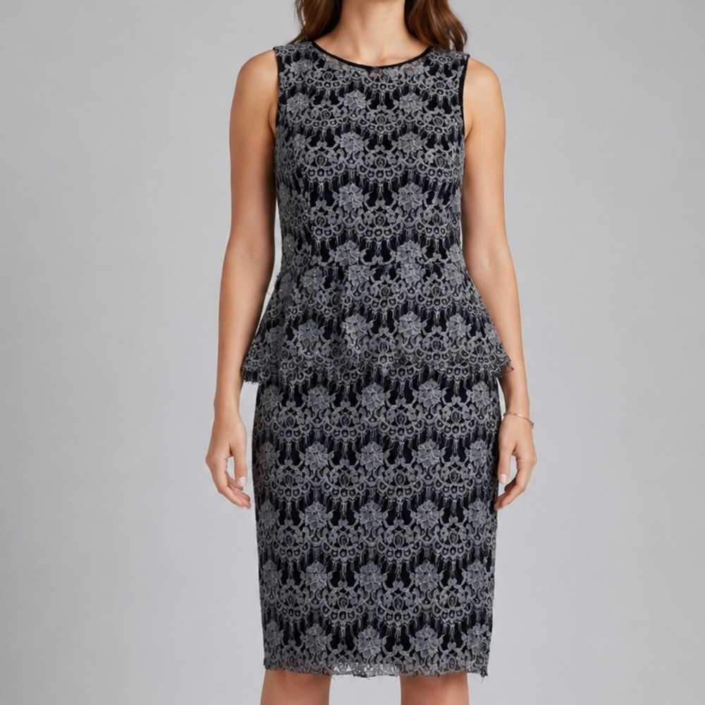 Metallic Silver Lace Peplum Wedding Guest Sleeveless Black Cocktail  36L